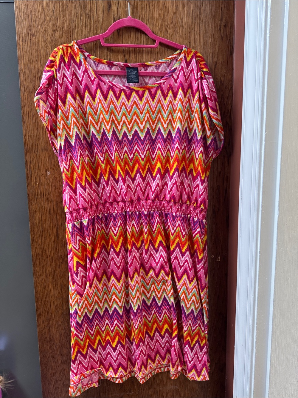 Faded Glory Pink Chevron Midi Dress with Multi-Color Zigzag